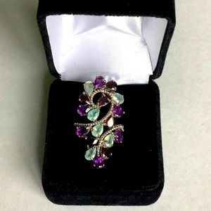 Natural Chalcedony Amethyst & Garnet gemstone sterling statement ring size 6.75